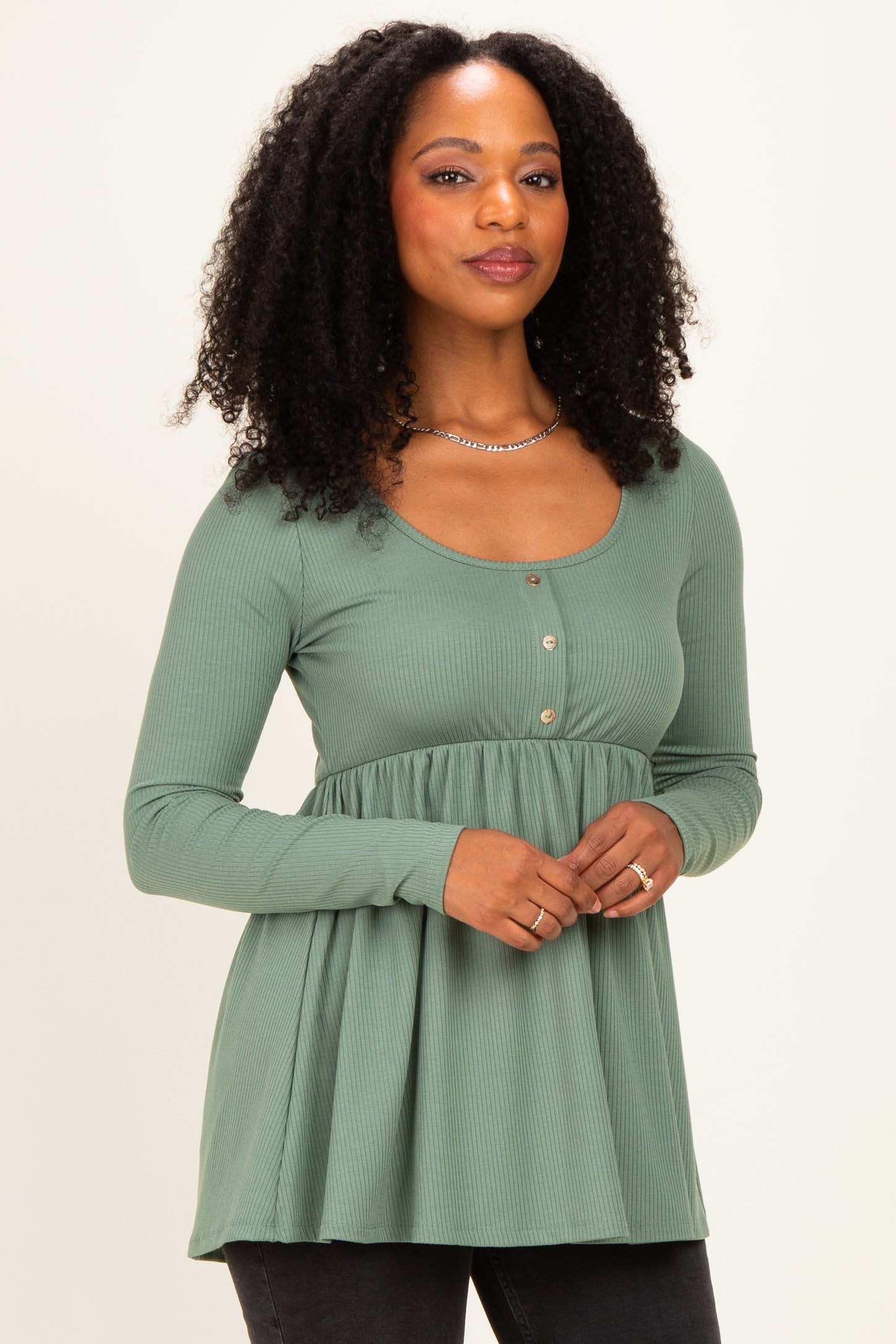 Sage Scoop Neck Button Front Long Sleeve Babydoll Top