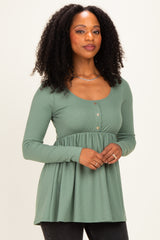 Sage Scoop Neck Button Front Long Sleeve Babydoll Top