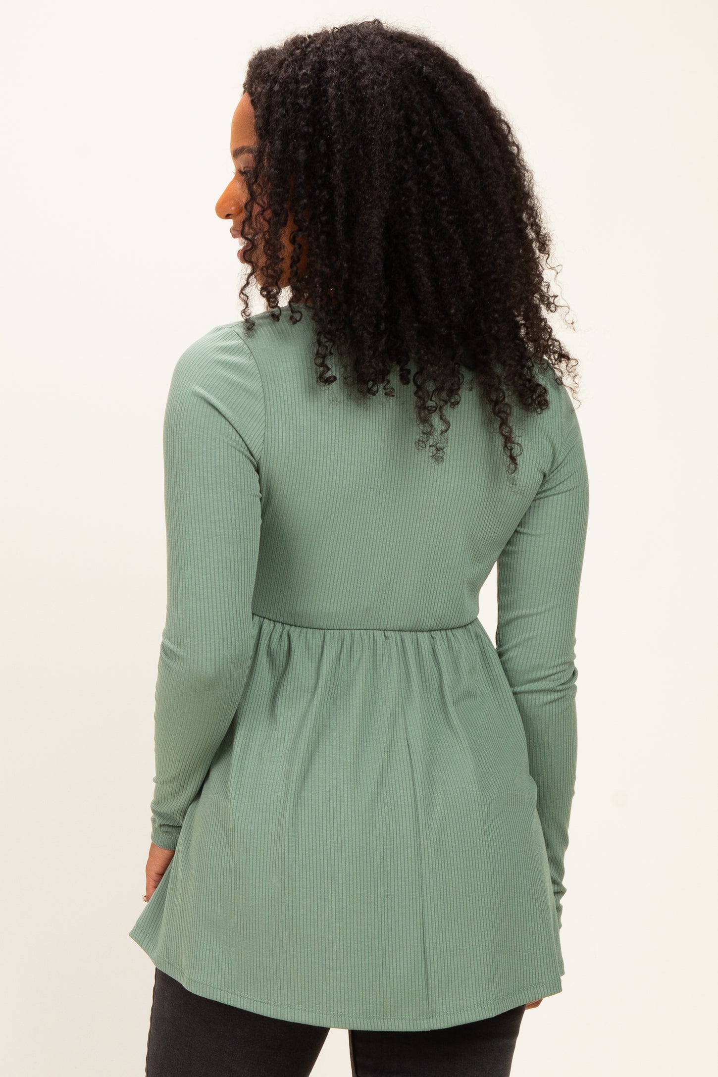 Sage Scoop Neck Button Front Long Sleeve Babydoll Top