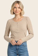 Camel Pinstriped Scoop Neck Henley Top