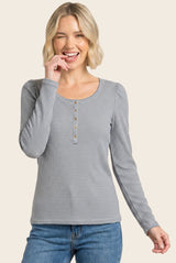 Blue Pinstriped Scoop Neck Henley Top