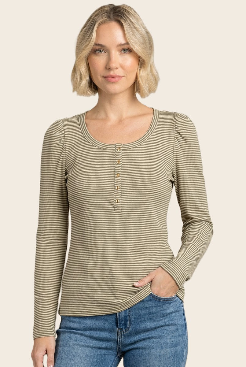 Light Olive Pinstriped Scoop Neck Henley Top