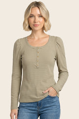 Light Olive Pinstriped Scoop Neck Henley Top