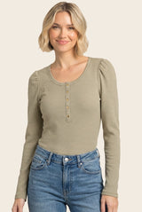 Light Olive Pinstriped Scoop Neck Henley Top