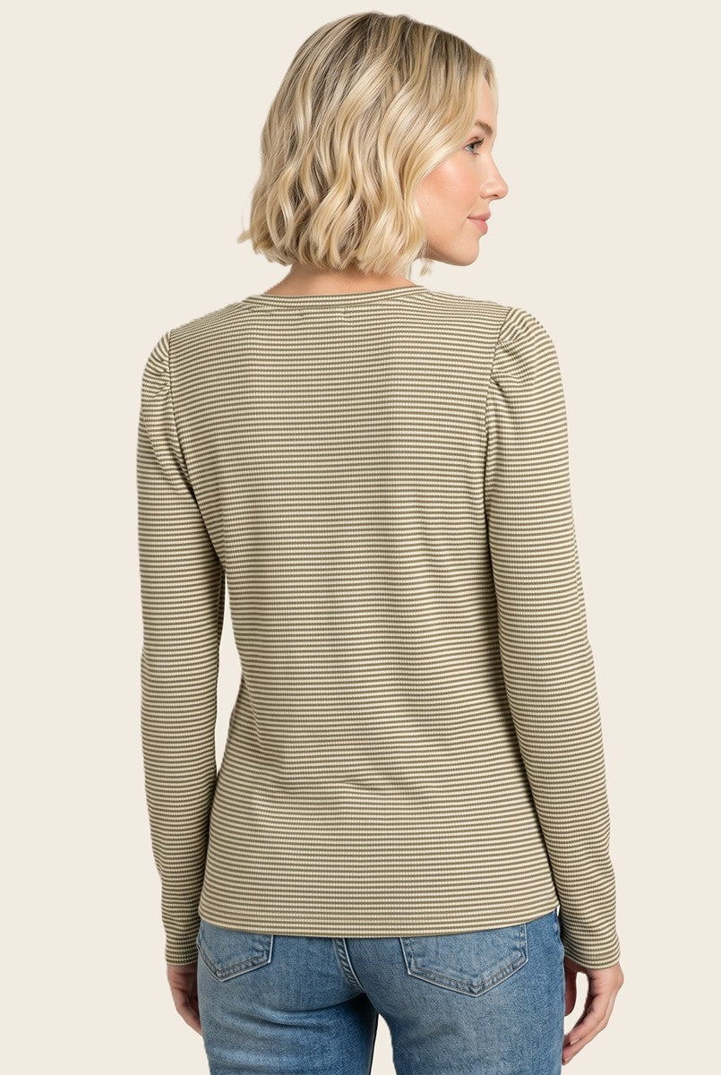 Light Olive Pinstriped Scoop Neck Henley Top