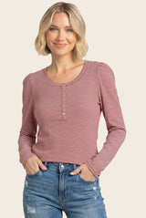 Red Pinstriped Scoop Neck Henley Top