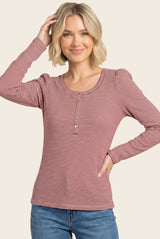 Red Pinstriped Scoop Neck Henley Top