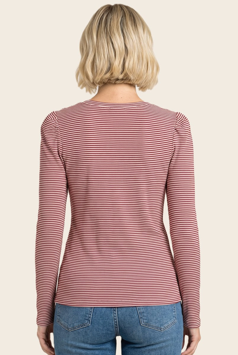 Red Pinstriped Scoop Neck Henley Top