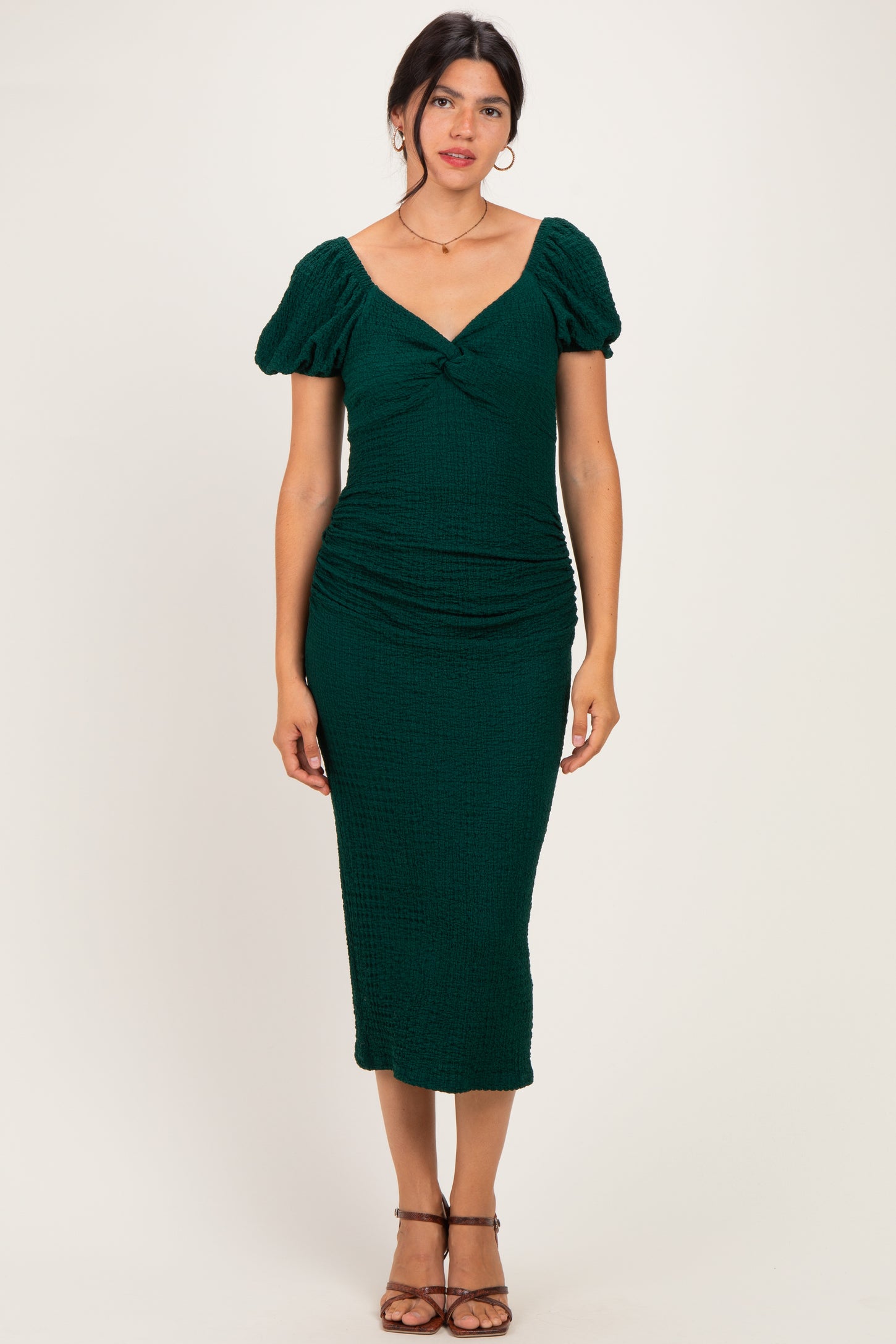 Hunter Green Knit Twisted Bust Short Sleeve Maternity Midi Dress