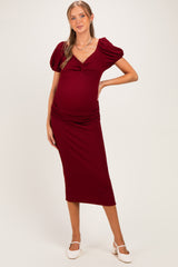 Burgundy Knit Twisted Bust Short Sleeve Maternity Midi Dress