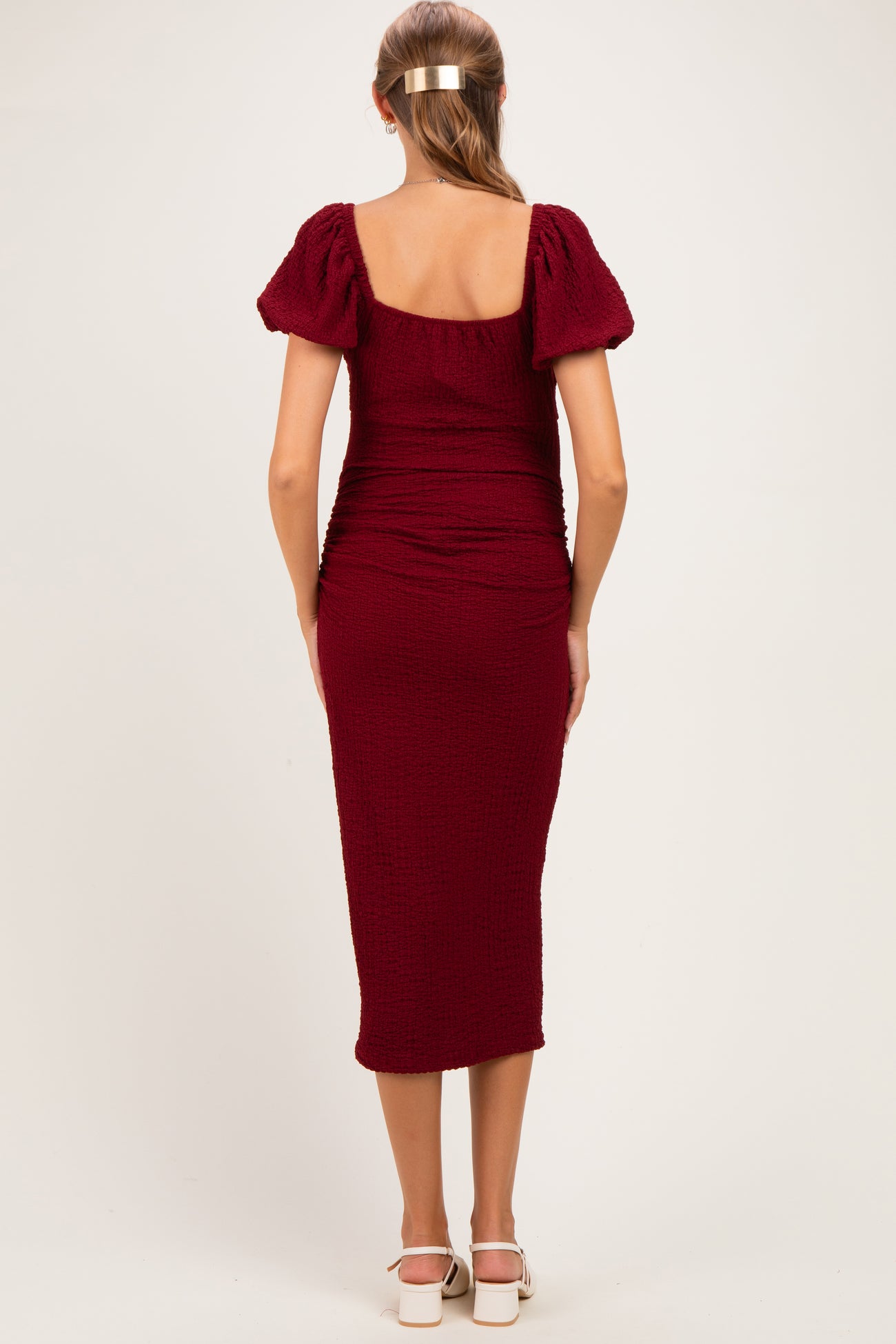 Burgundy Knit Twisted Bust Short Sleeve Maternity Midi Dress