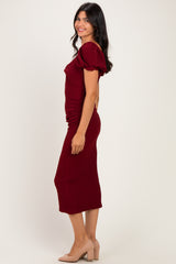 Burgundy Knit Twisted Bust Short Sleeve Midi Dress