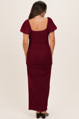 Burgundy Knit Twisted Bust Short Sleeve Maternity Midi Dress