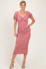 Mauve Knit Twisted Bust Short Sleeve Midi Dress