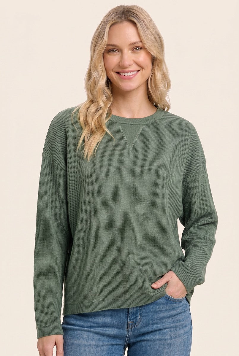 Olive Mini Waffle Knit Relaxed Fit Sweater