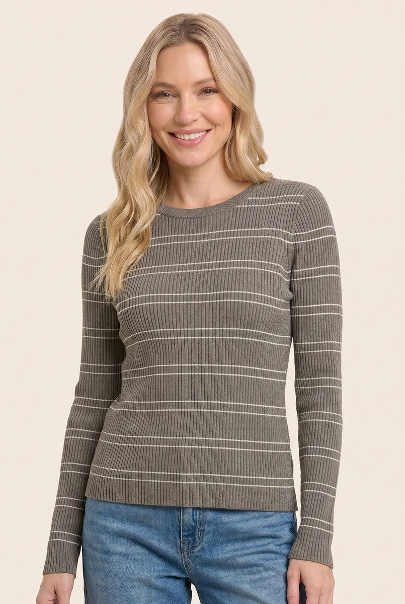 Olive Ribbed Basic Striped Fitted Sweater