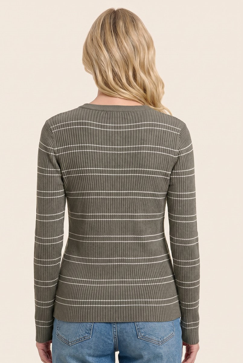Olive Ribbed Basic Striped Fitted Sweater