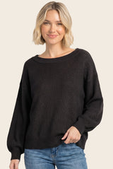 Black Balloon Sleeve Boat Neck Sweater
