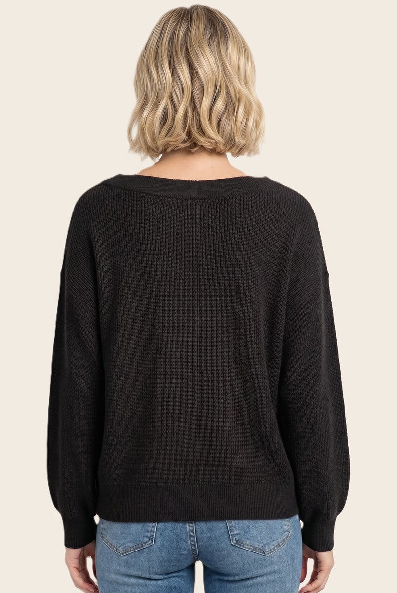 Black Balloon Sleeve Boat Neck Sweater