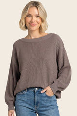 Mocha Balloon Sleeve Boat Neck Sweater