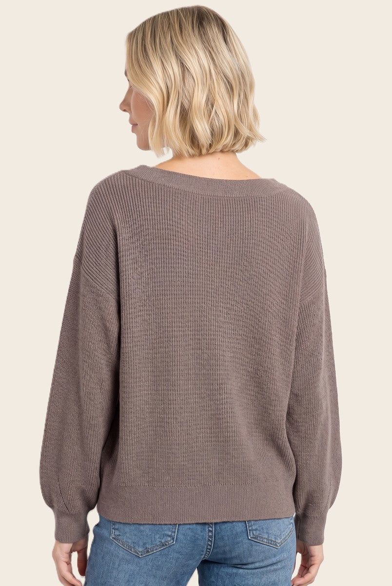 Mocha Balloon Sleeve Boat Neck Sweater
