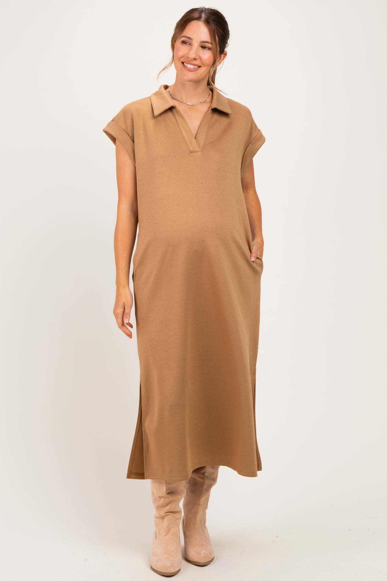 Camel Collared Oversized Maternity Midi Dress