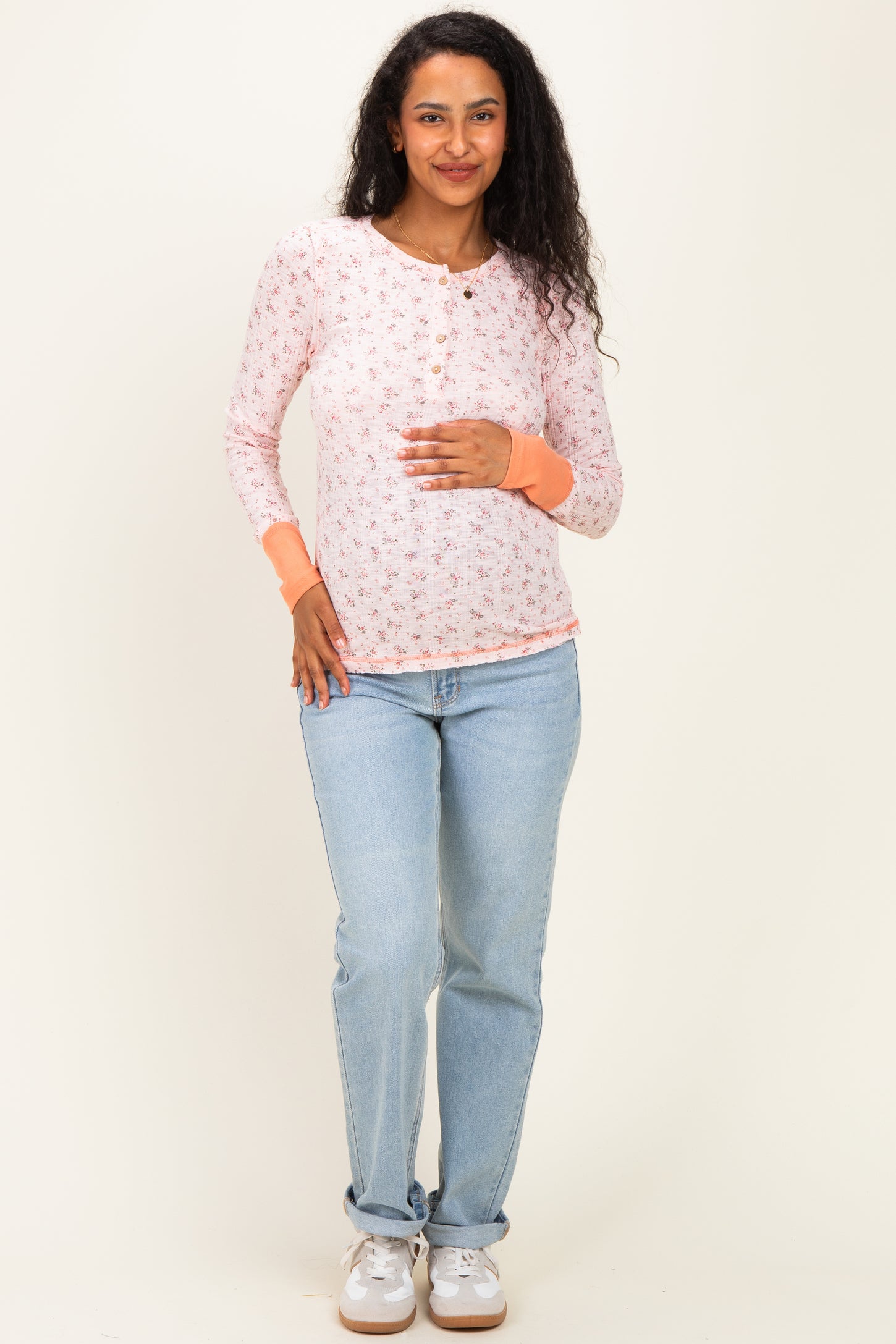 Soft Pink Floral Ribbed Maternity Henley Top