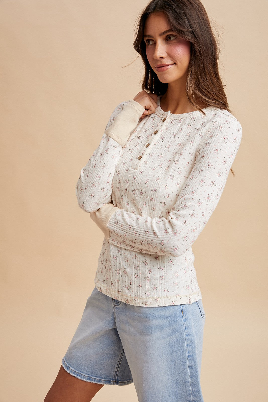 Ivory Floral Ribbed Henley Top
