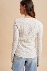 Ivory Floral Ribbed Henley Top
