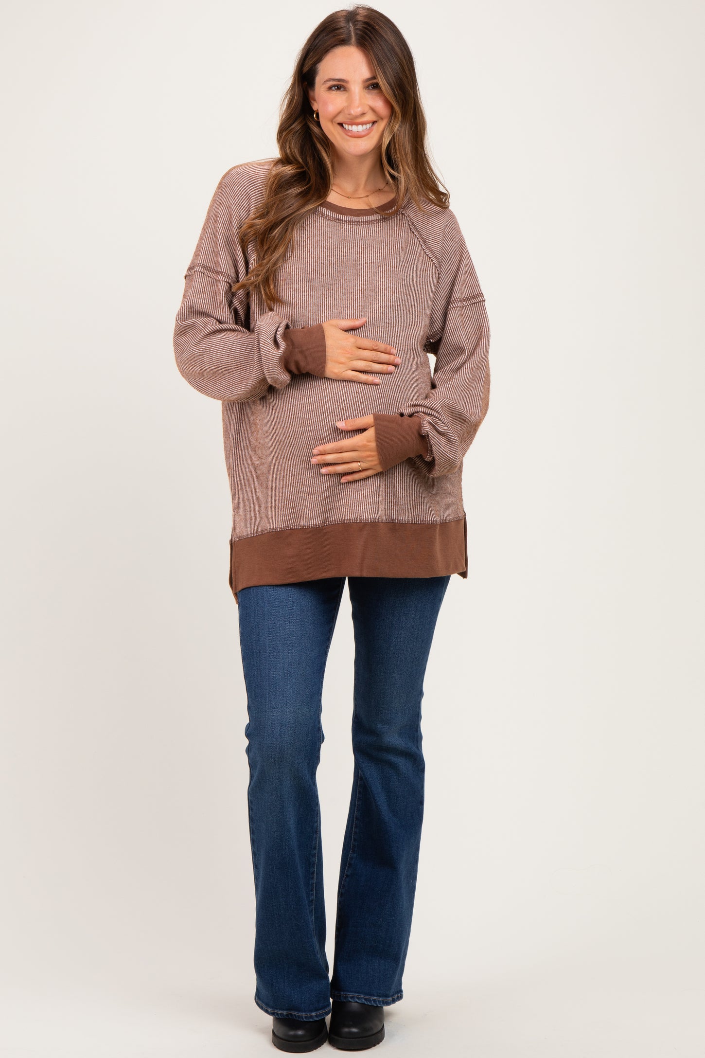 Chocolate Two Tone Oversized Thermal Knit Maternity Top