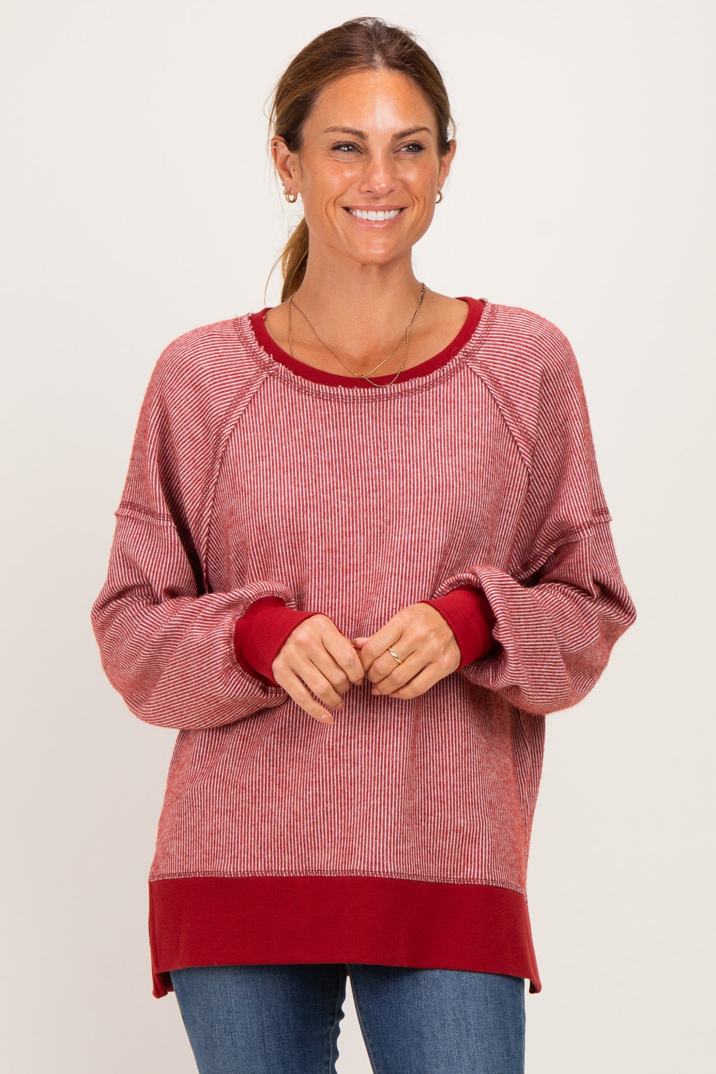 Burgundy Two Tone Oversized Thermal Knit Top