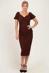 Brown Knit Twisted Bust Short Sleeve Midi Dress