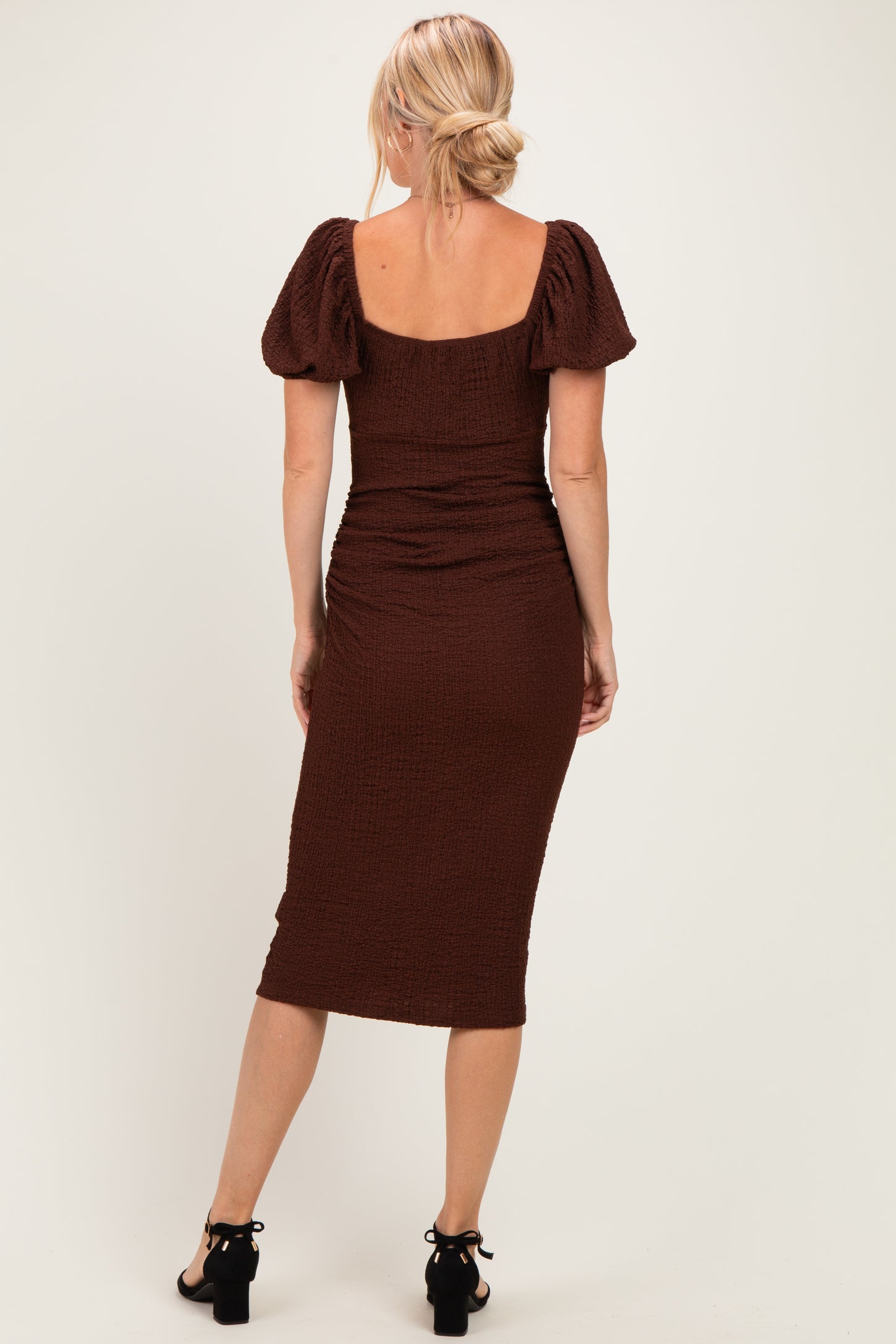 Brown Knit Twisted Bust Short Sleeve Midi Dress