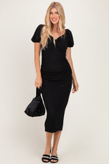 Black Knit Twisted Bust Short Sleeve Midi Dress