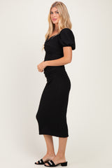Black Knit Twisted Bust Short Sleeve Midi Dress