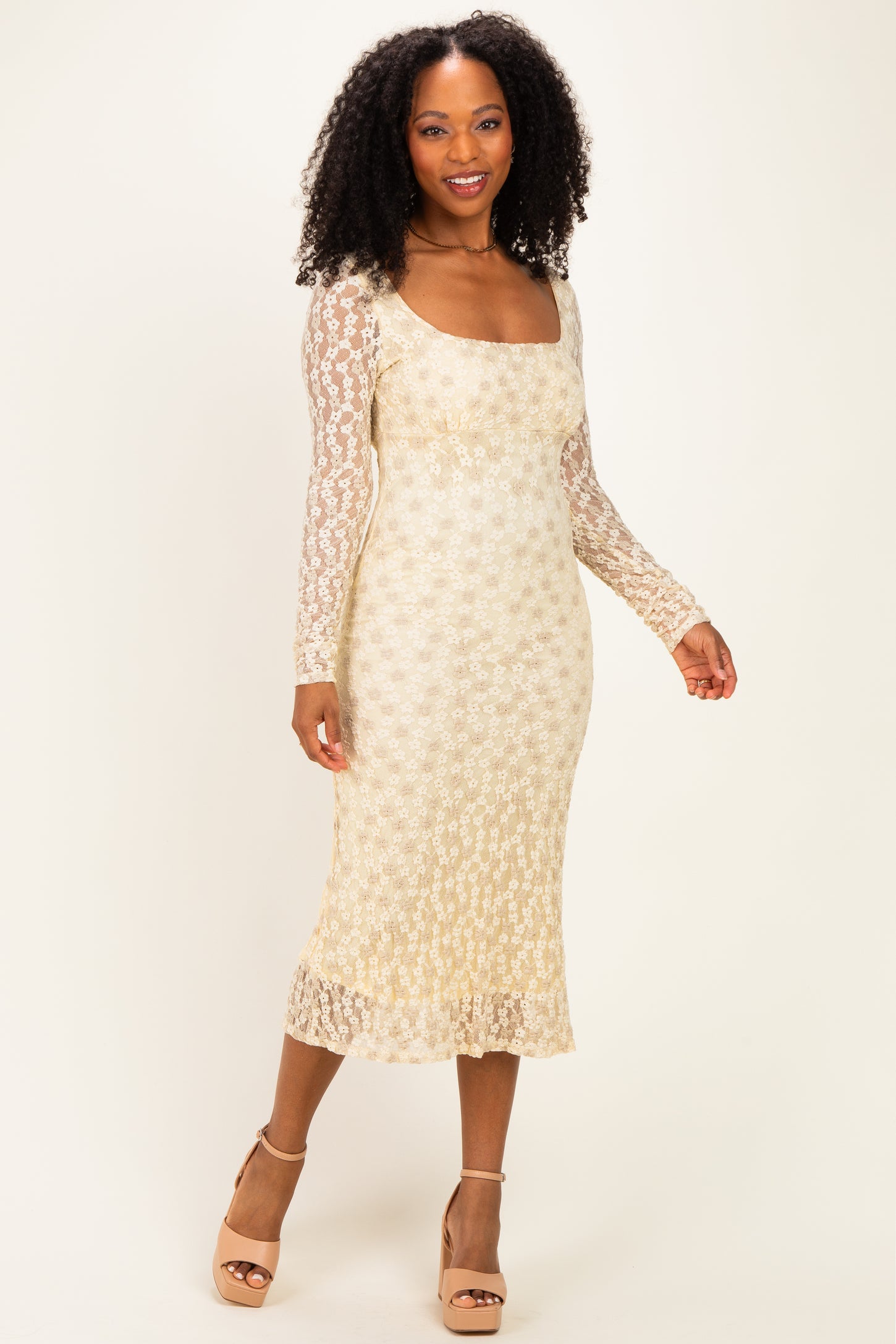 Cream Floral Lace Long Sleeve Square Neck Maternity Midi Dress