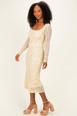 Cream Floral Lace Long Sleeve Square Neck Midi Dress