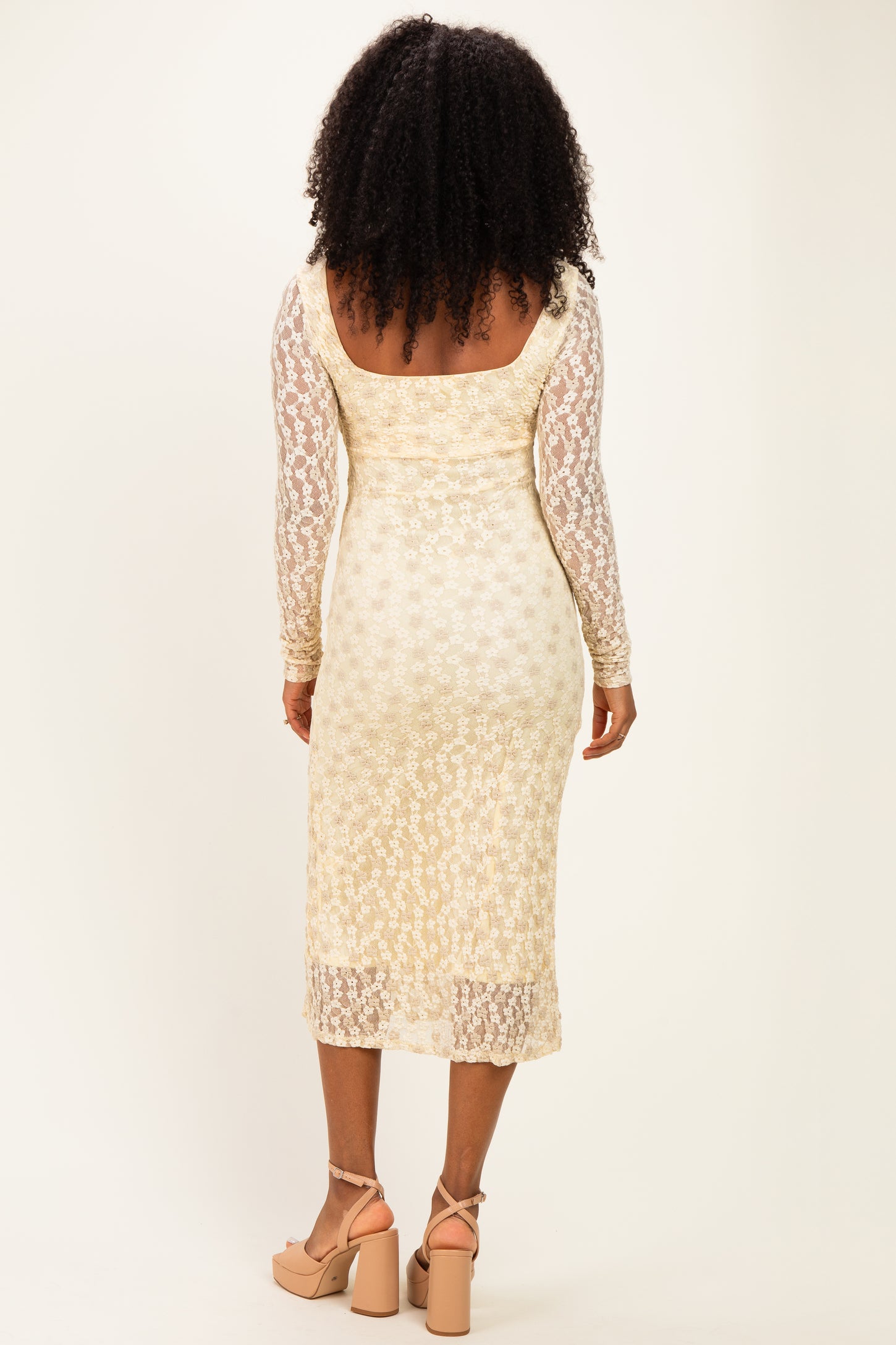 Cream Floral Lace Long Sleeve Square Neck Midi Dress