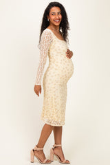 Cream Floral Lace Long Sleeve Square Neck Maternity Midi Dress