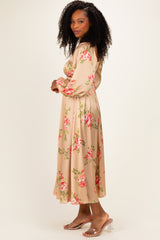 Champagne Floral Button Detail Midi Dress