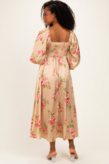 Champagne Floral Button Detail Midi Dress