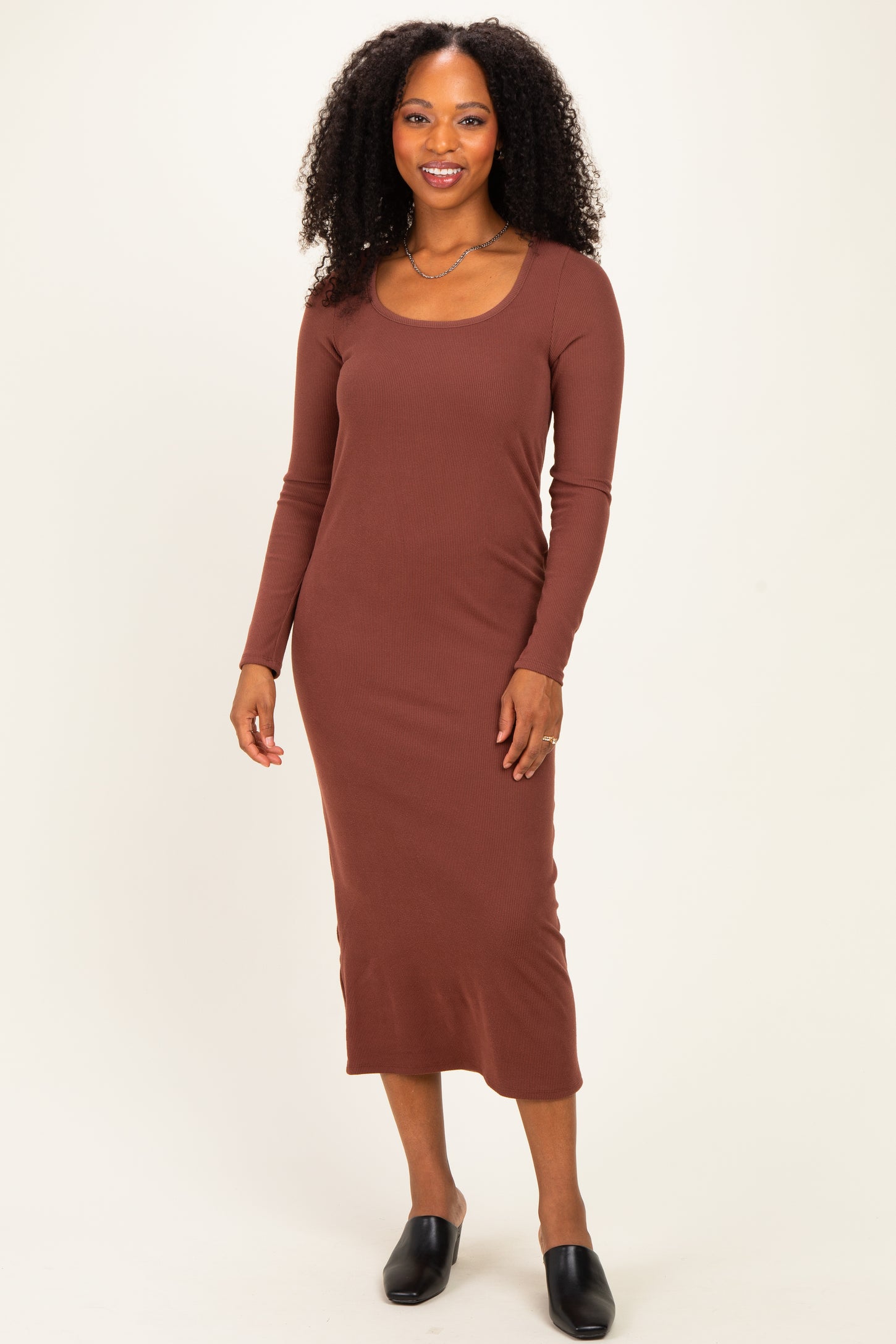 Brown Scoop Neck Long Sleeve Maternity Midi Dress