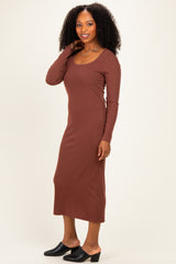 Brown Scoop Neck Long Sleeve Midi Dress