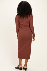 Brown Scoop Neck Long Sleeve Midi Dress