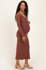 Brown Scoop Neck Long Sleeve Maternity Midi Dress