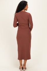 Brown Scoop Neck Long Sleeve Maternity Midi Dress