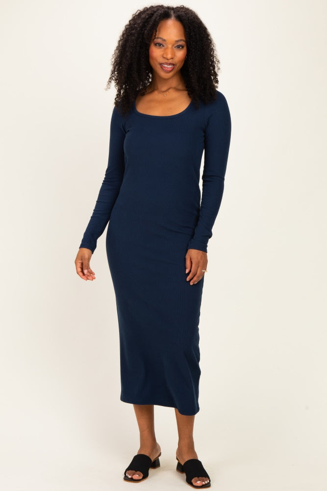 Navy Scoop Neck Long Sleeve Midi Dress