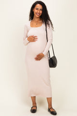 Beige Scoop Neck Long Sleeve Maternity Midi Dress