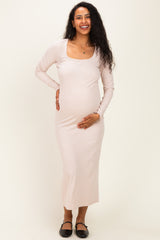 Beige Scoop Neck Long Sleeve Maternity Midi Dress