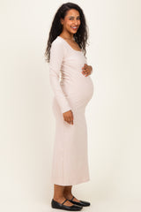 Beige Scoop Neck Long Sleeve Maternity Midi Dress